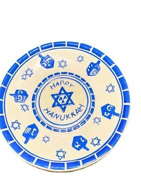 HAPPY HANUKKAH Dreidel Porcelain Plate Blue and White 10 inches